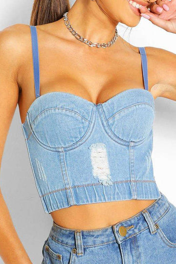 Destroyed Hook And Eye Denim Bustier Cami Top