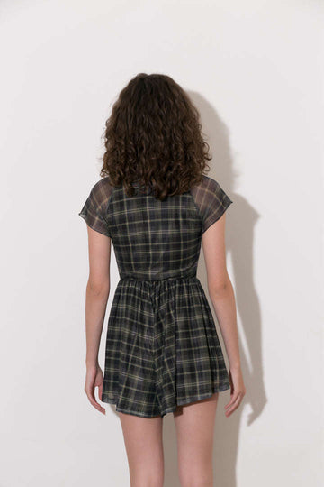 Square Neck Short Flutter Sleeve Checkered Vintage Playsuit