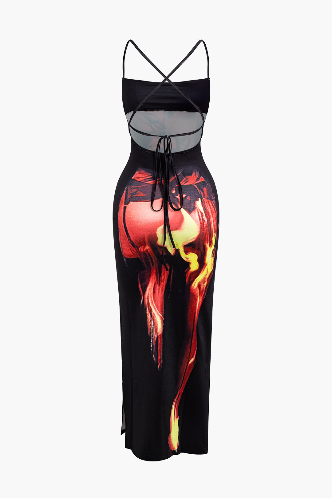 Flame Print Cowl Neck Backless Slit Spaghetti Strap Maxi Dress