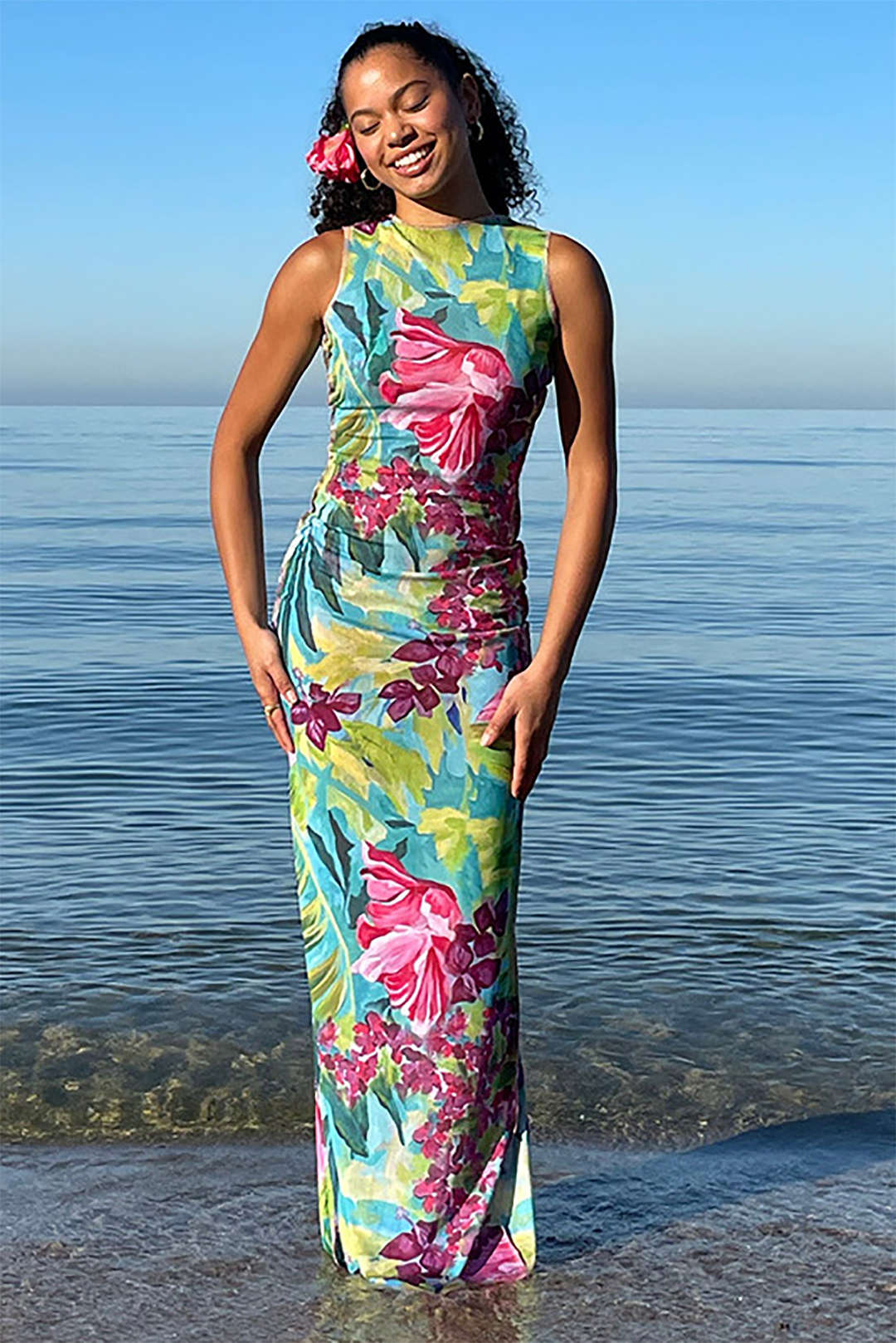 Tropical Floral Print Sleeveless Bodycon Maxi Dress