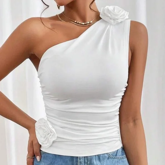 3D Flower One Shoulder Ruched Tank Top