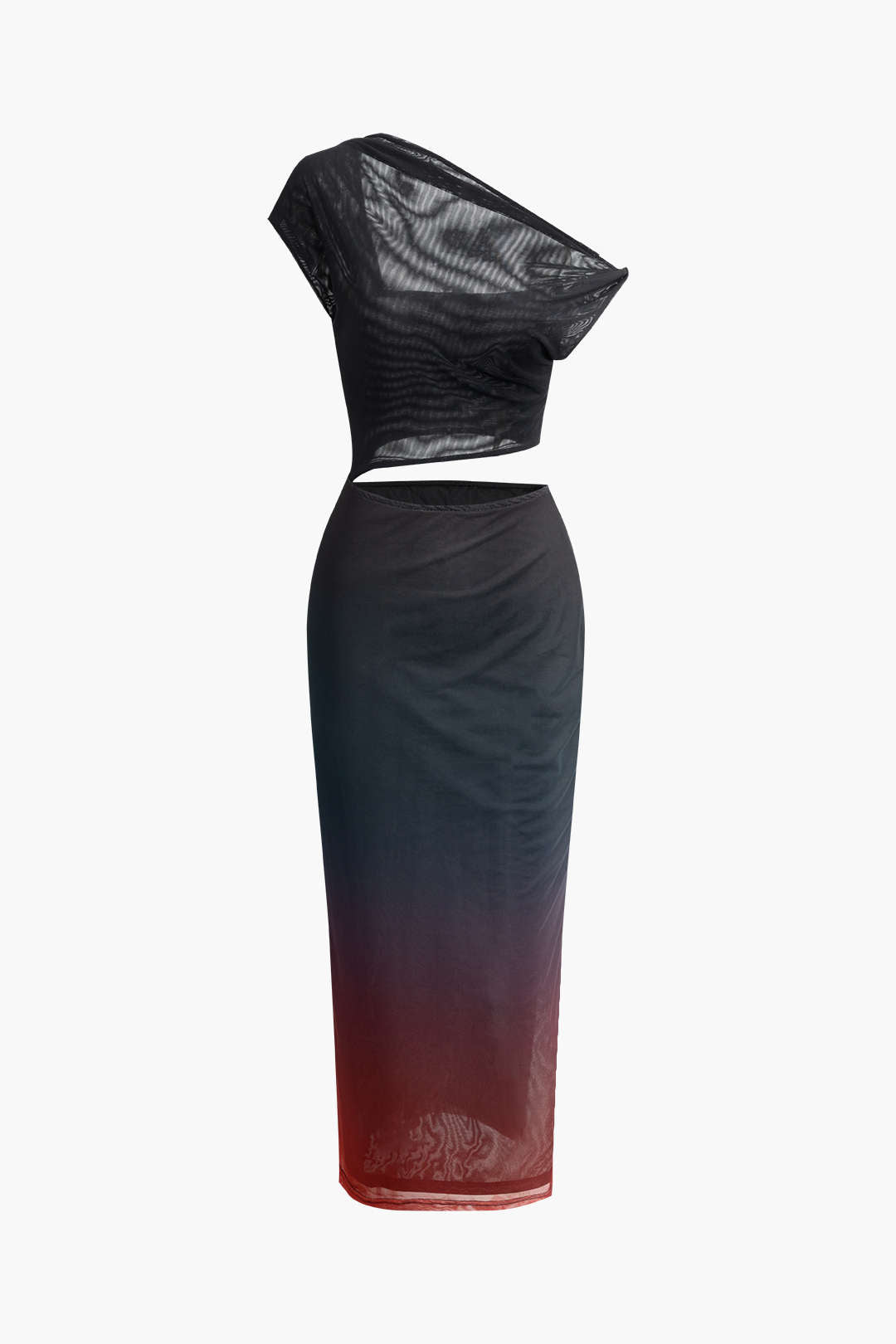 Ombre Cut Out Asymmetrical Mesh Slit Midi Dress