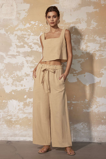 Solid Cami Top And Pleated Wide Leg Pants Set