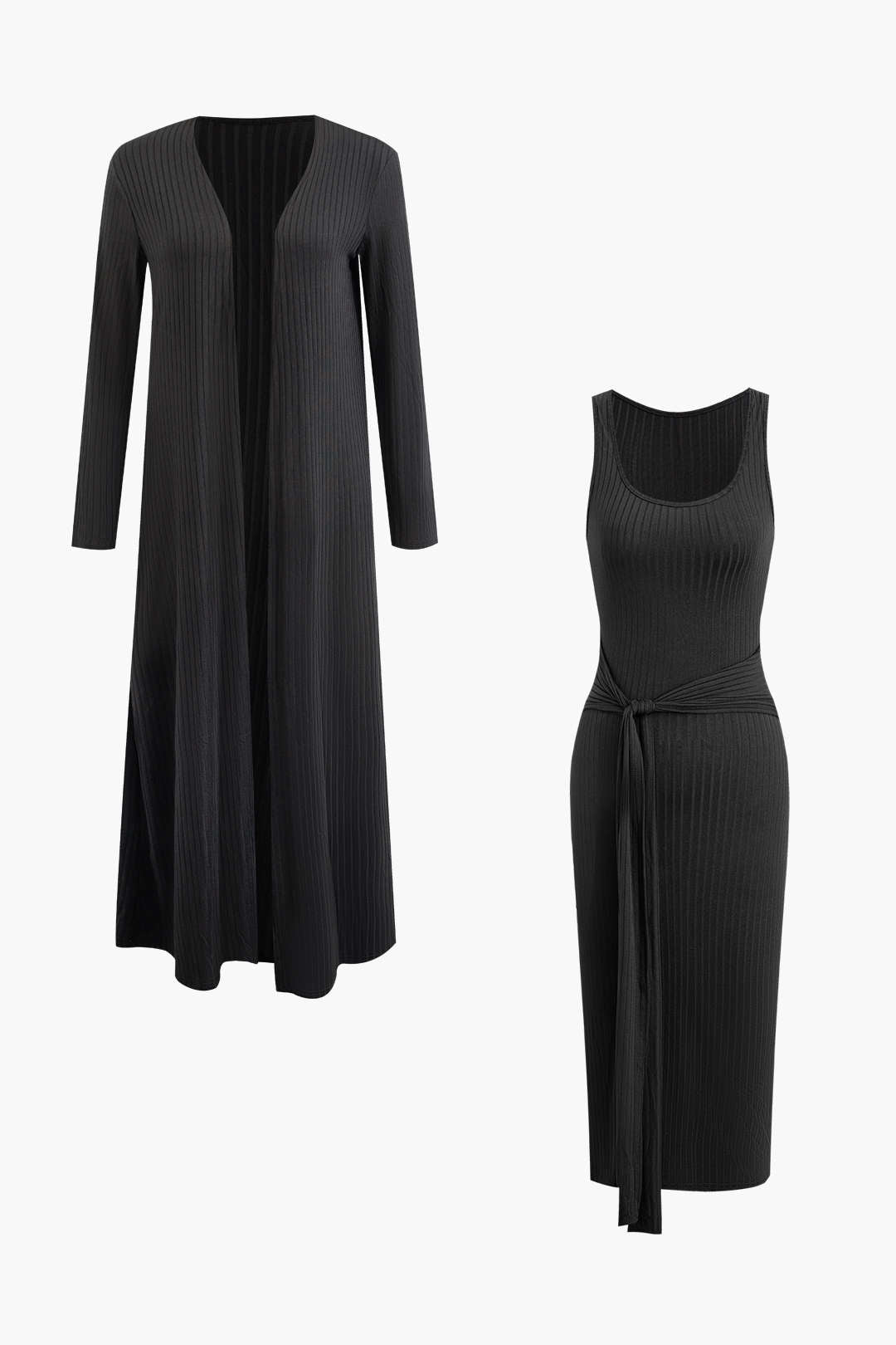 Ribbed Wrap Tie Sleeveless Midi Dress And Long Cardigan Set