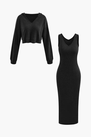 V-neck Sleeveless Maxi Dress And Hooded Crop Sweatshirt Set