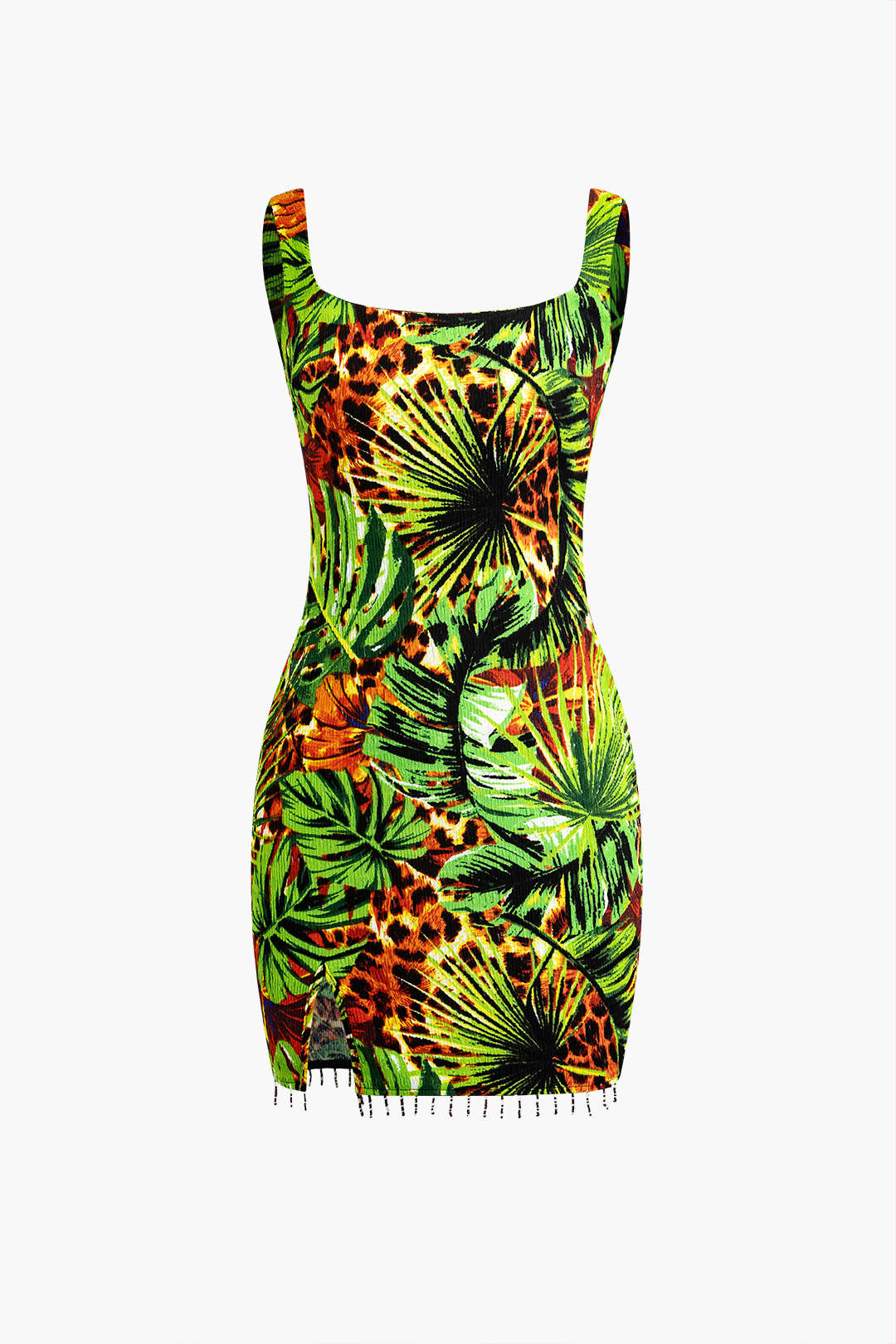 Palm Leaf Print Fringe Tank Mini Dress