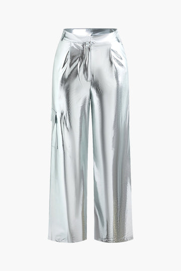 Metallic Flap Pocket Wide Leg Pants