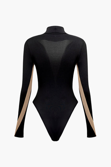 Patchwork Mesh Mock Neck Long Sleeve Bodysuit