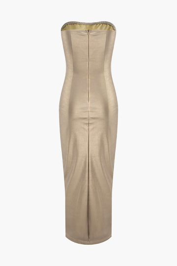 Metallic Faux Leather Strapless Maxi Dress