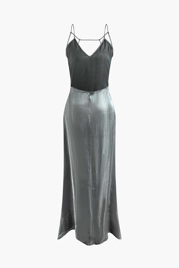 Metallic V-neck Backless Slip Maxi Dress