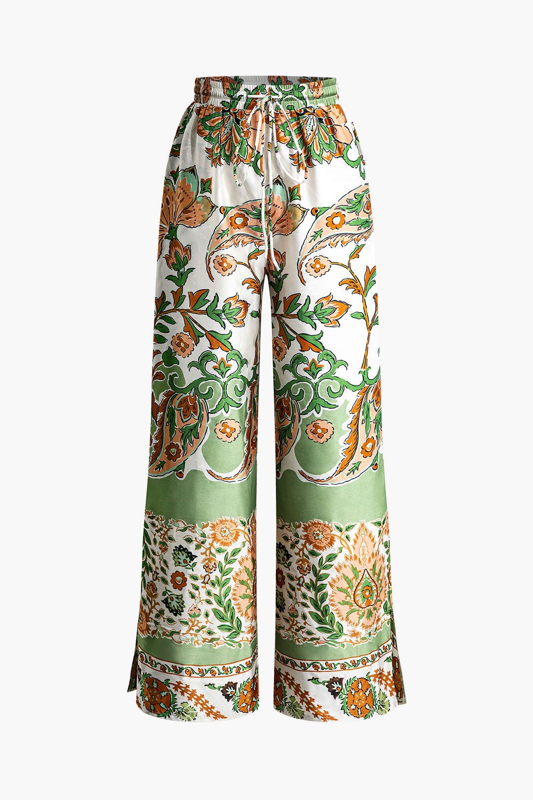 Floral Print Drawstring Slit Wide Leg Pants