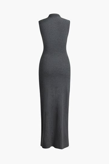 Wrap Slit Mock Neck Sleeveless Maxi Dress