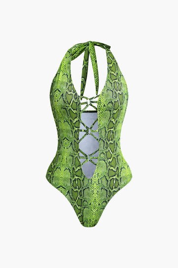 Snake Print Halter Tummy Control One-Piece Swimsuit