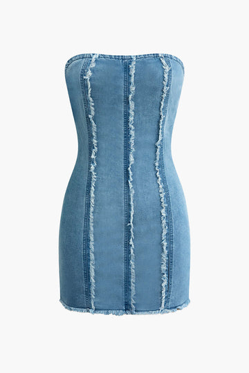 Frayed Strapless Denim Mini Dress