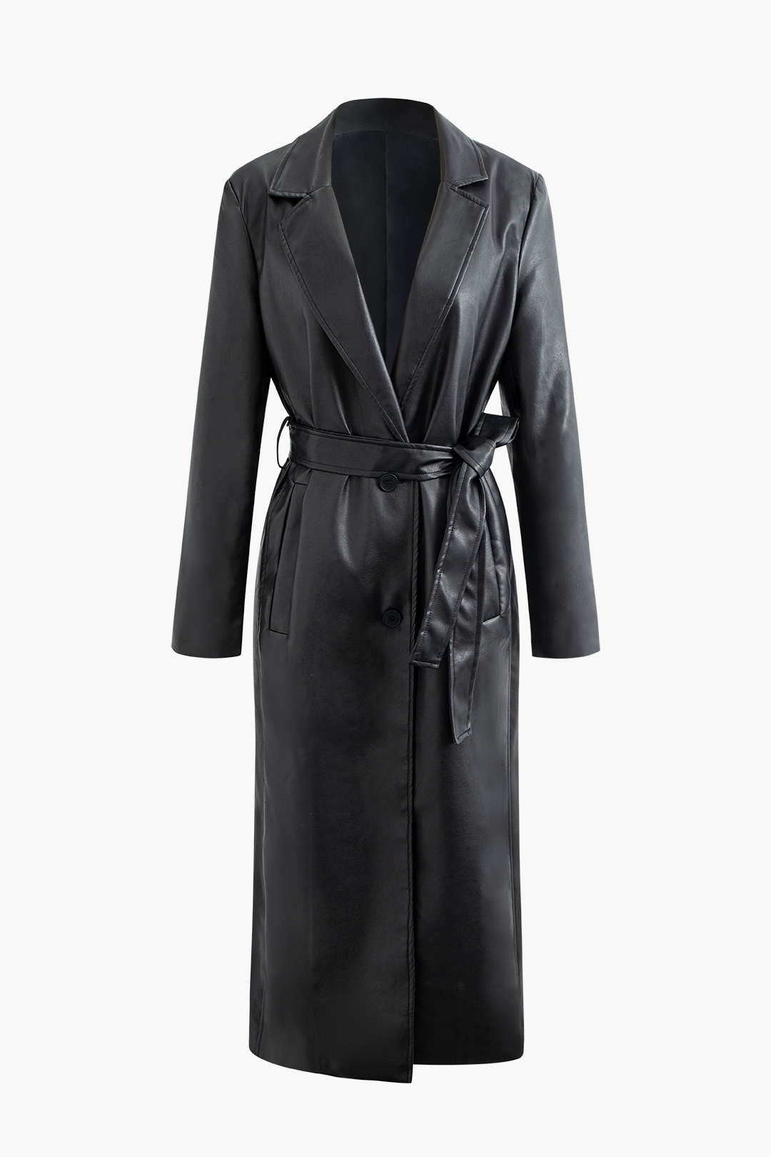 Faux Leather Notched Lapel Belted Trench Coat