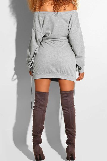 Asymmetrical Eyelet Tie Side Sweatshirt Mini Dress