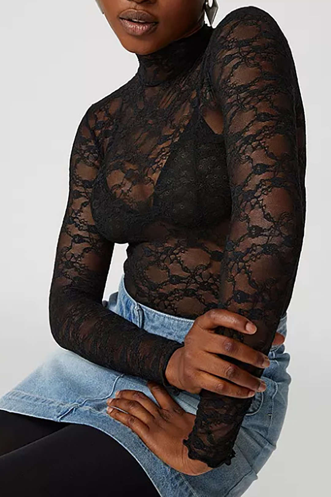 Sheer Lace Mock Neck Long Sleeve Top