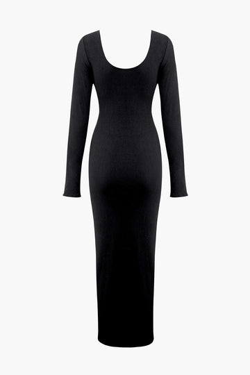 Deep V-neck Pearl Detail Long Sleeve Maxi Dress