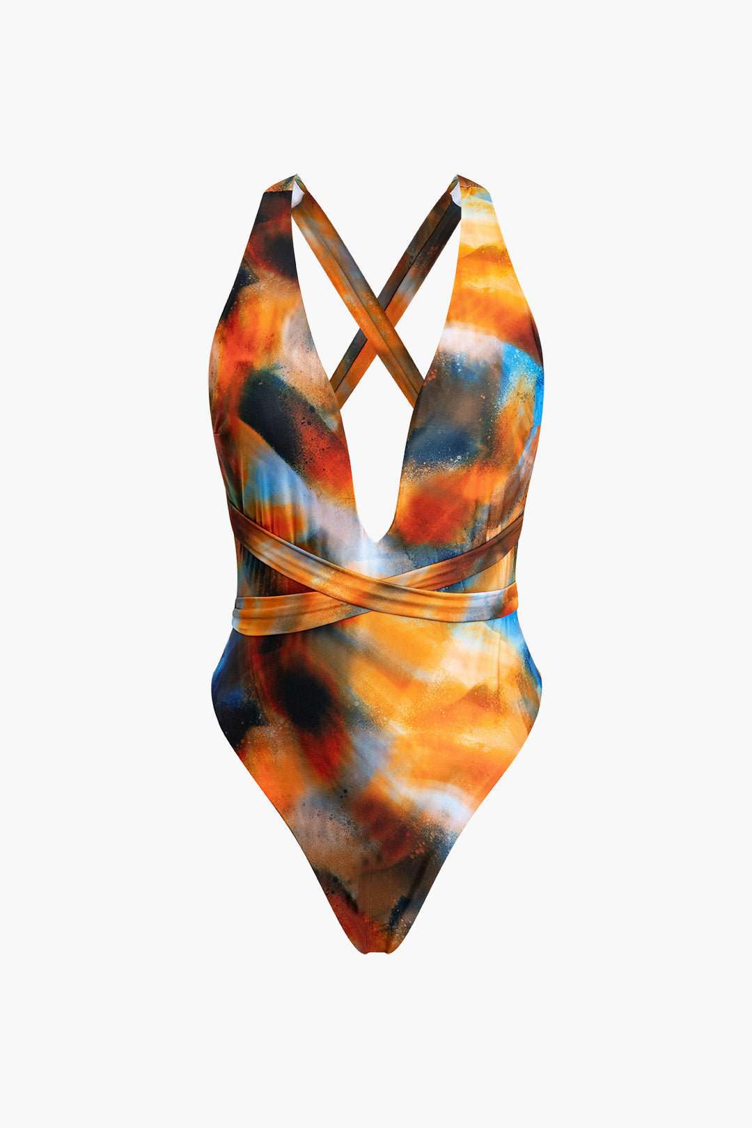 Abstract Print V-neck Cross Back Tie Swimsuit And Mesh Mini Sarong Skirt Set