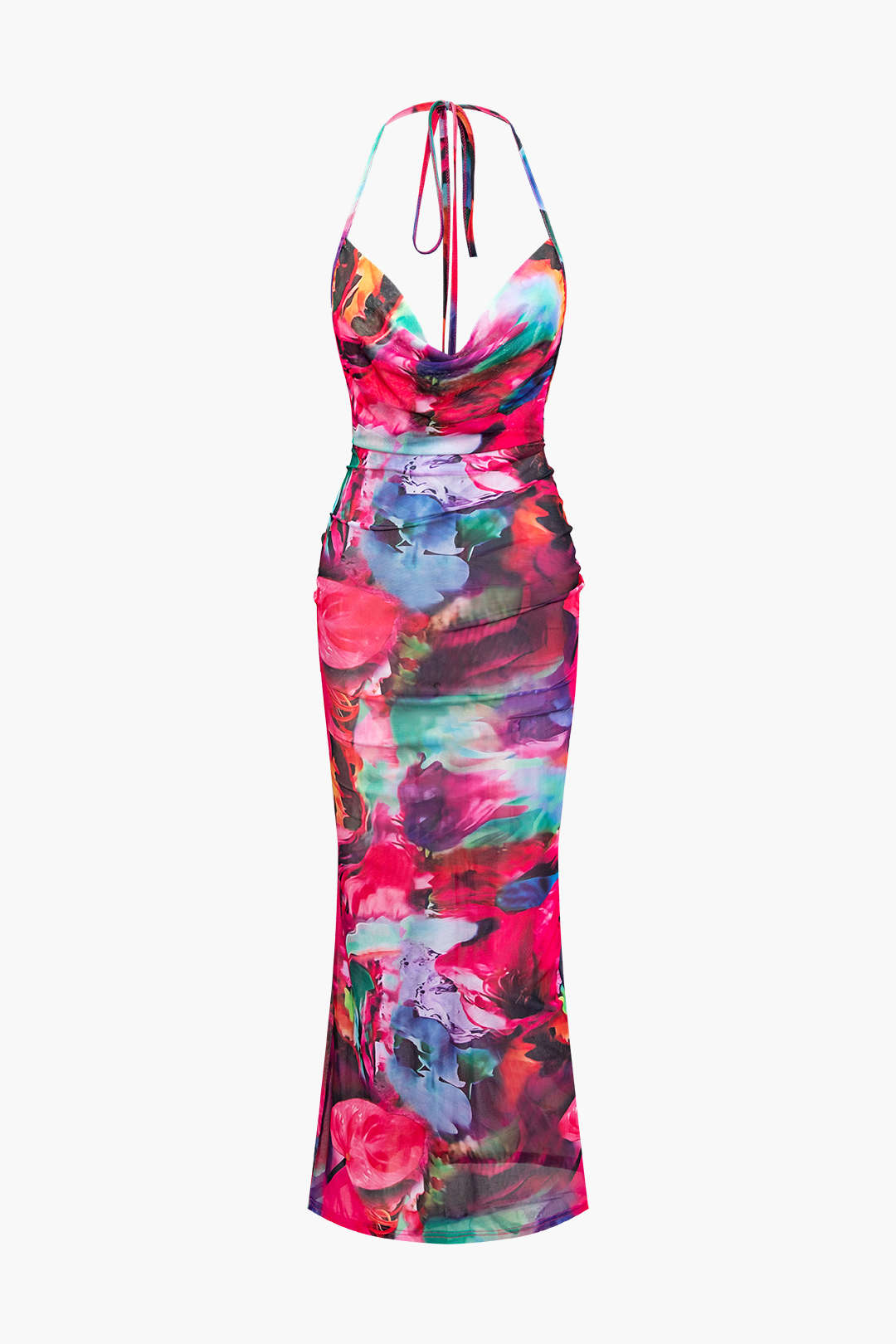 Printed Cowl Neck Halter Backless Maxi Dress