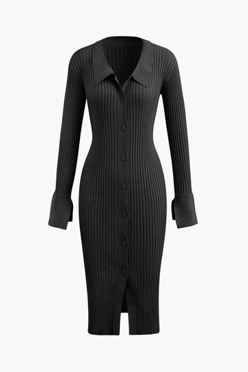 Collar Button Up Rib Knit Midi Dress