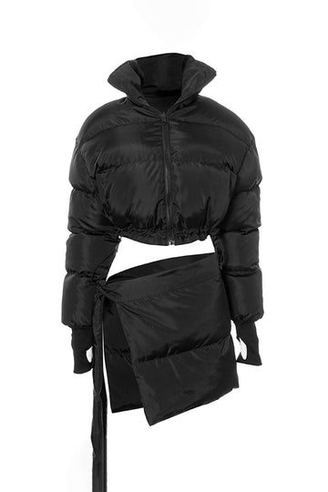 Stand Collar Zipper Puffer Crop Coat And Tie Wrap Mini Skirt