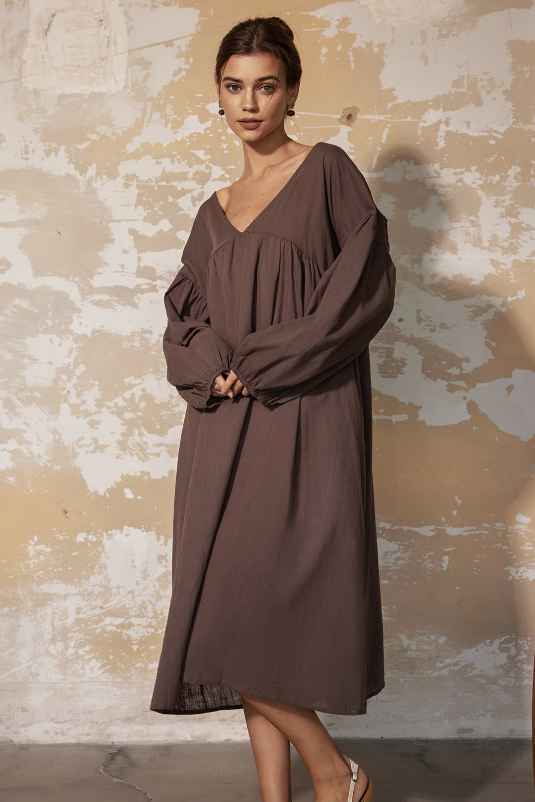 Braided Tie V-neck Lantern Sleeve Ruched Midi Dress