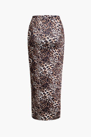 Leopard Print One Shoulder Crop Top And Ruched Slit Skirt Set