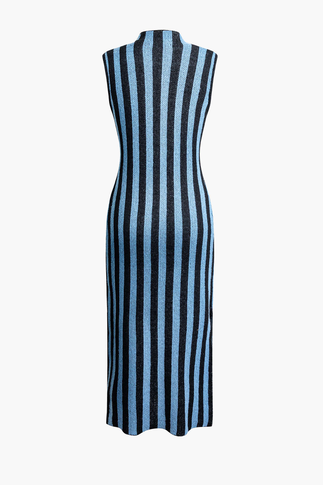 Vertical Stripe Mock Neck Knit Slit Sleeveless Midi Dress