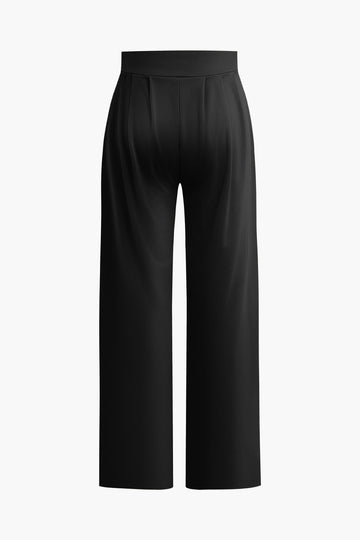 Solid Crop T-shirt And Pleated High Waist Wide Leg Pants Set