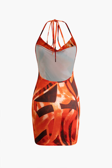 Abstract Print Cowl Neck Backless Halter Mini Dress