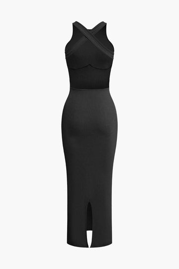 Cross Backless Slit Midi Dress