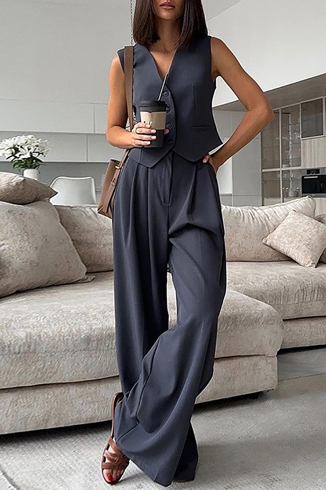 V-neck Sleeveless Vest And Wide Leg Pants Set