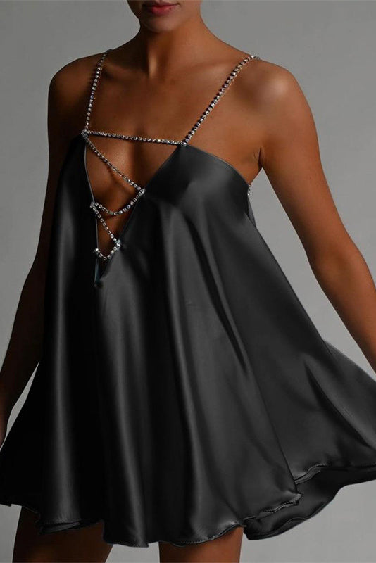 Rhinestone Strap V-neck Backless Mini Dress