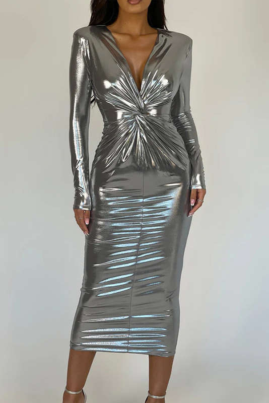 Metallic Twist Ruched V-neck Zipper Long Sleeve Midi Dress