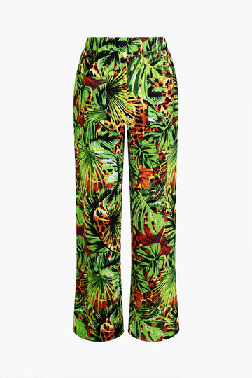 Palm Leaf Print Elastic Straight Leg Pants