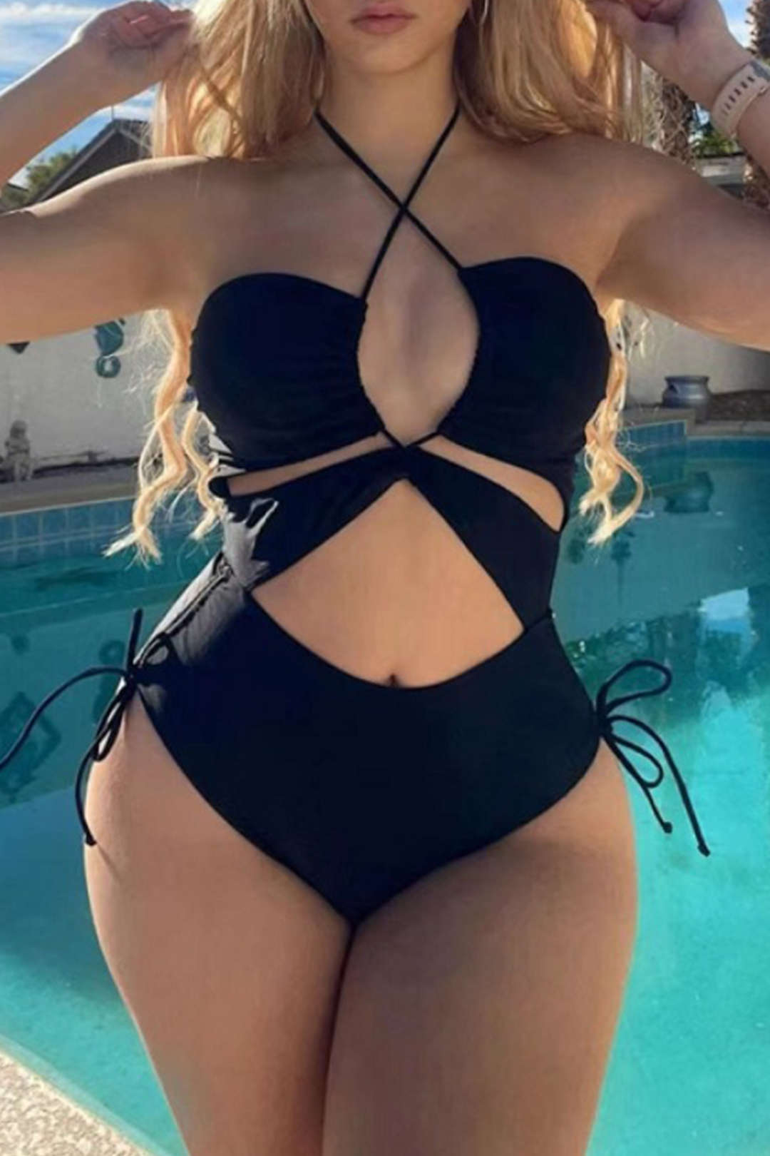 Tummy Control Solid Halter Tie Cut Out One-piece Swimsuit