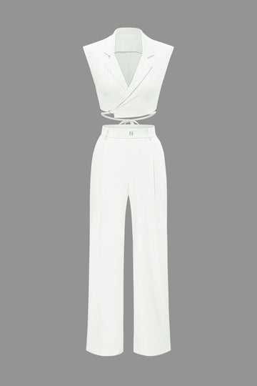 Notched Lapel Tie Back Vest And Straight Leg Suit Pants Set