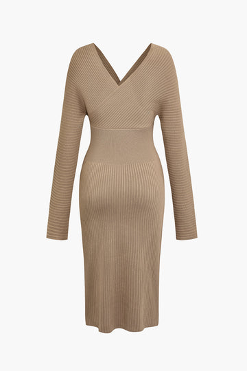 Solid Cross V-neck Long Sleeve Sweater Dress