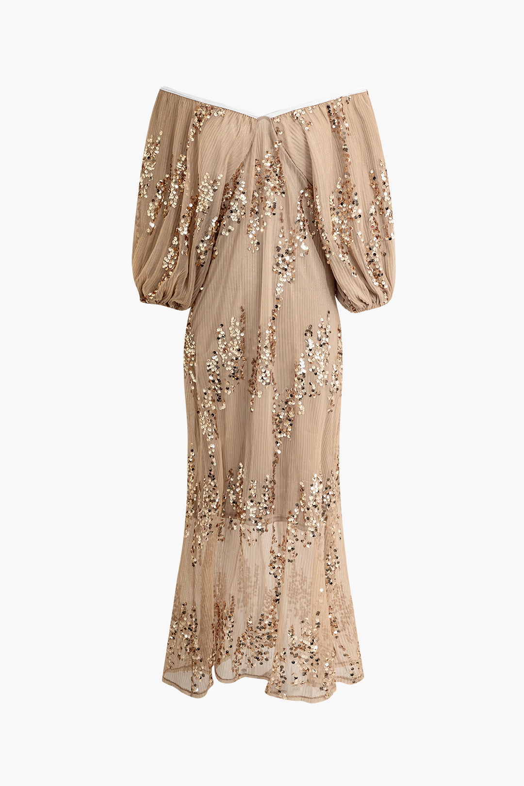 Sequin Batwing Sleeve Off Shoulder V-Neck Mesh Maxi Dress