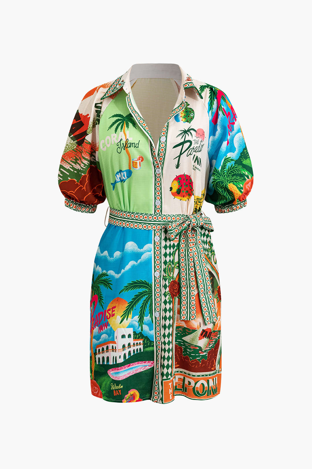 Tropical Print Belt Mini Dress