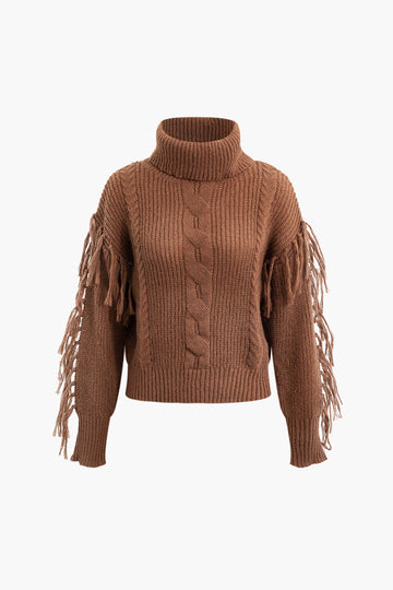 Fringe Detail Turtleneck Sweater And High Waist Knit Pants Set