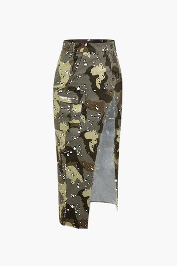 Camo Print Flap Pocket Slit Skirt