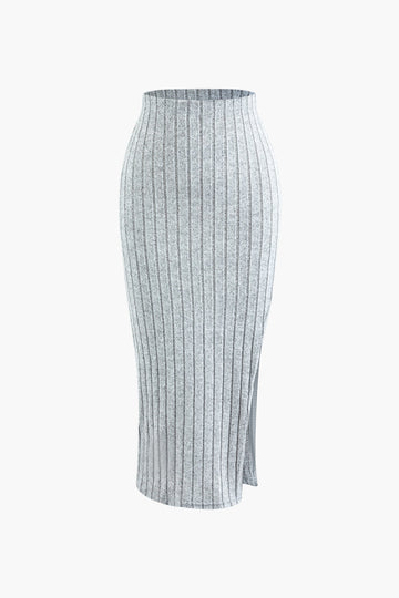 Solid Rib Knit Round Neck Long Sleeve Top And Slit Skirt Set