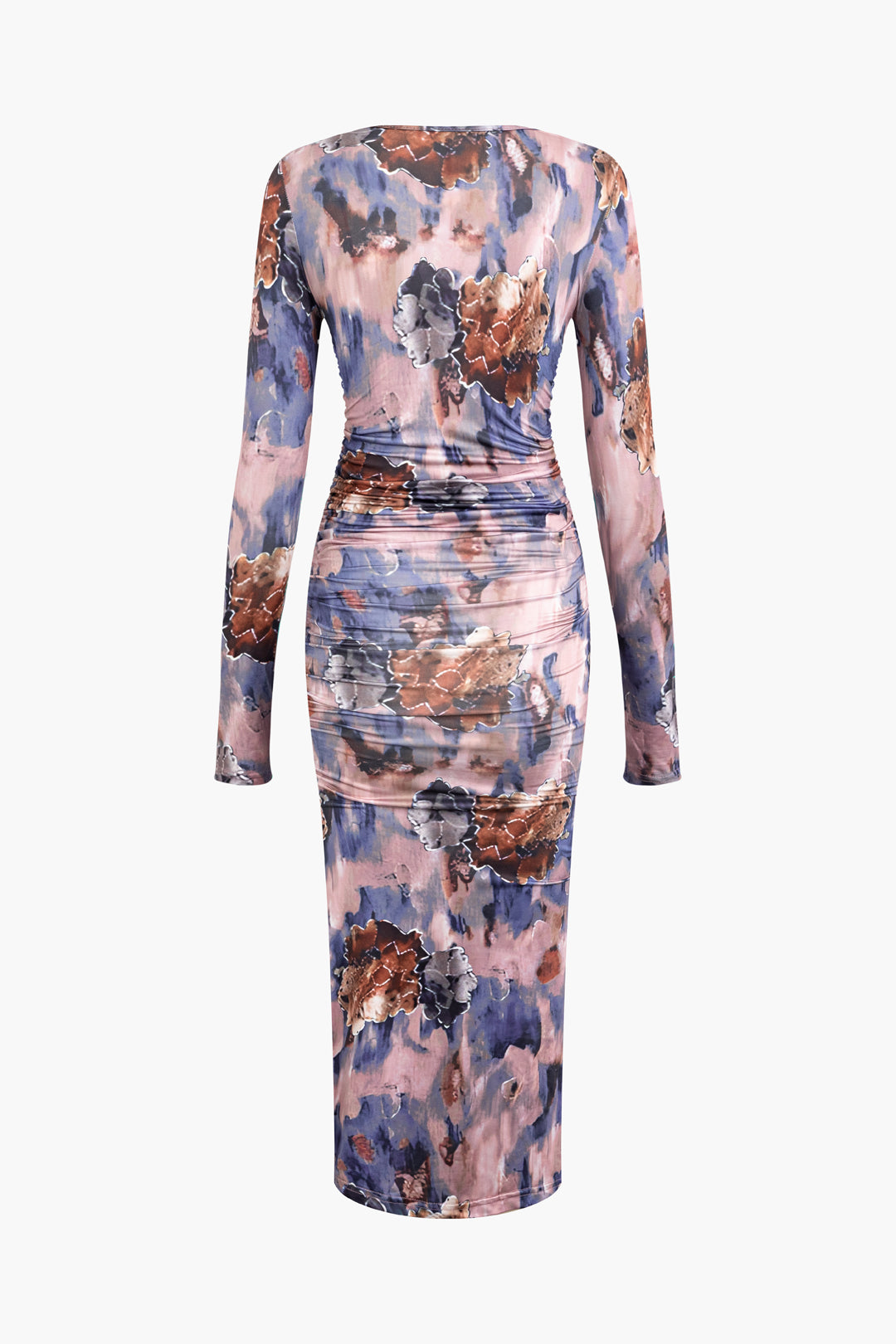 Floral Print Square Neck Ruched Slit Midi Dress