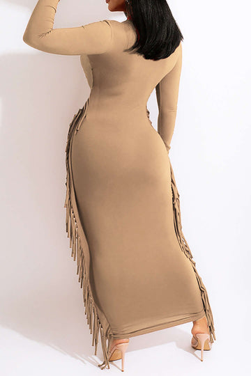 Round Neck Solid Color Fringe Trim Maxi Dress