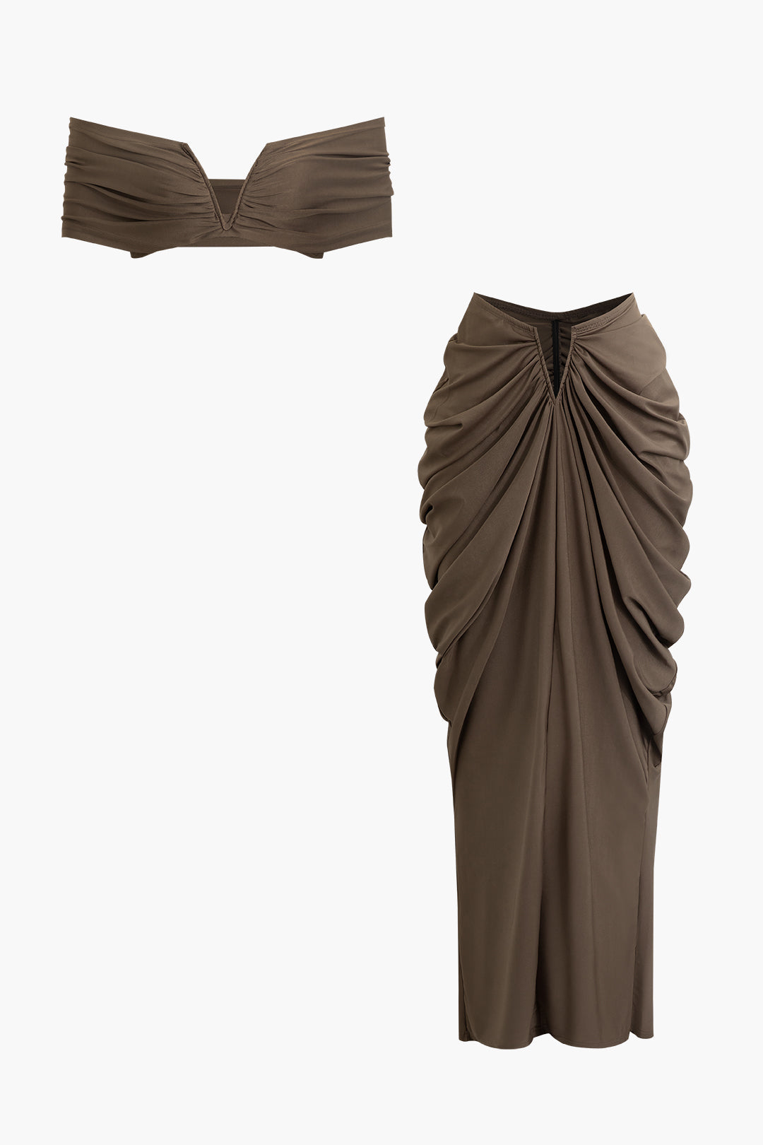 V-neck Ruched Top And V-shape Cut Waist Maxi Skirt Set