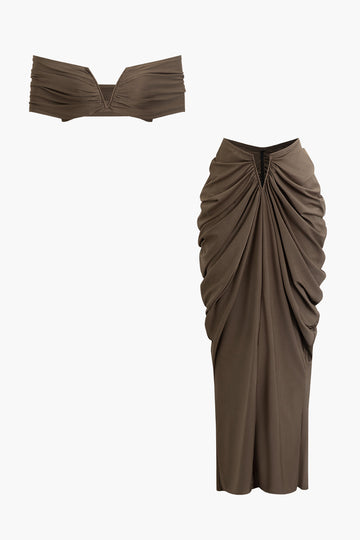 V-neck Ruched Top And V-shape Cut Waist Maxi Skirt Set