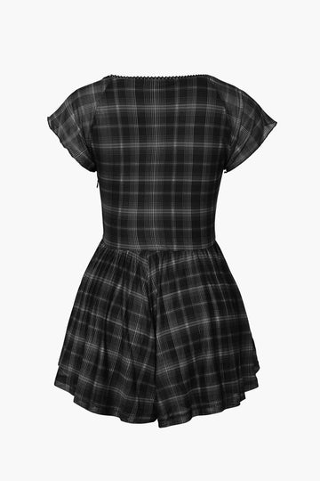 Square Neck Short Flutter Sleeve Checkered Vintage Playsuit