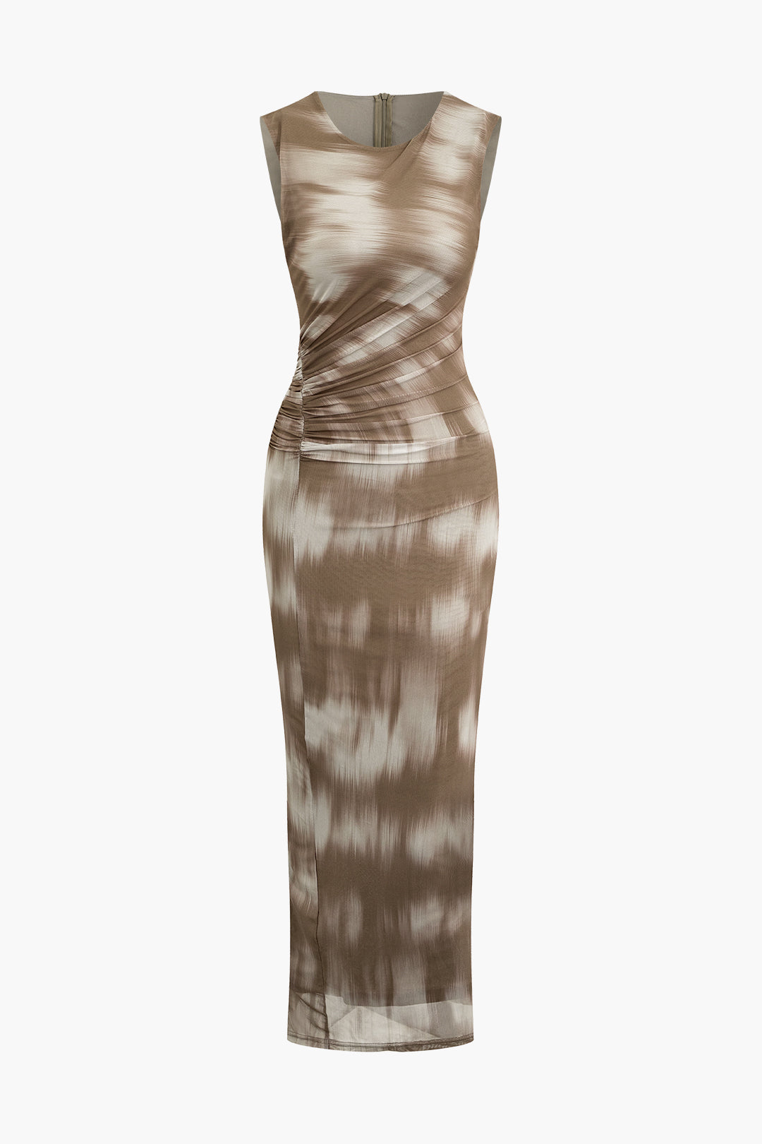 Tie Dye Ruched Mesh Sleeveless Maxi Dress